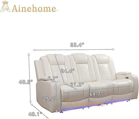 A Ainehome Power Leather Recliner Sofa Set with LED Lights, Recliner Sofa Sectional Couches for Living Room, Reclining Sofa and loveseat with USB Port/Storage Console(Creamy White,Sofa)