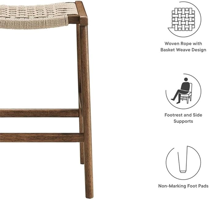 Modway Saoirse Woven Rope Wood Counter Stool - Set of 2 in Walnut Natural