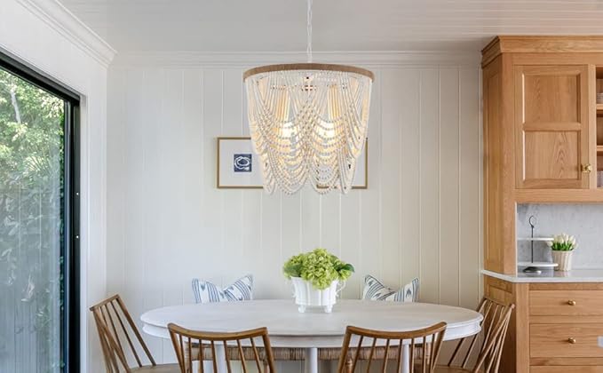 26” Boho Wood Beaded Chandelier Rustic Farmhouse Pendant Light 4-Lights Large Coastal Chandelier for Living Room Dining Room Foyer Entryway Bedroom, Oak White, E26, UL Listed