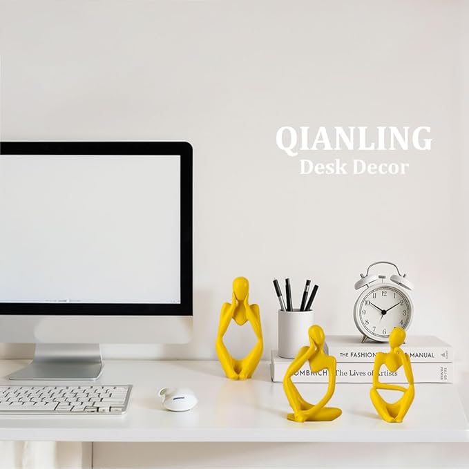 Yellow Thinker Statue Decor for TV Stand, Shelf, Desk, or Coffee Table - Set of 3 Resin Figurines for Living Room Decorative Objects, Modern Sculpture, Minimalist Bookcase Decor, Home Accents