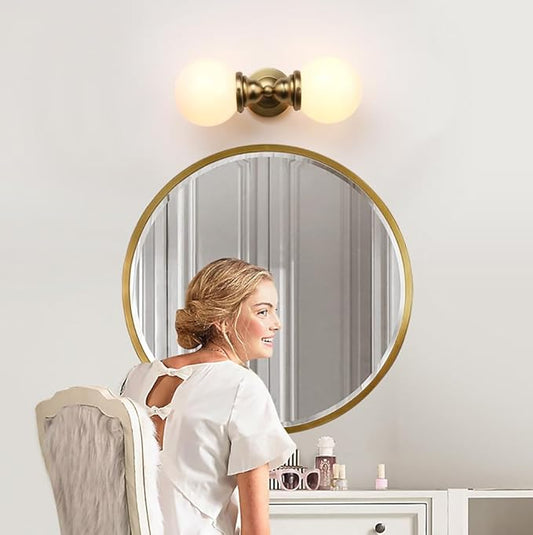 Pathson Milk White Glass Wall Sconces Lighting, 2 Lights Industrial Wall Vanity Light Fixtures Brass Finish, Vintage Wall Sconce Lamp for Bathroom Living Room Bedroom