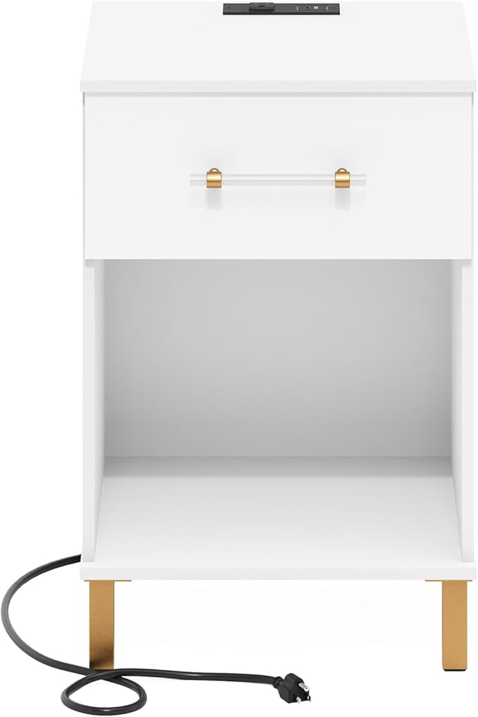 Furinno TIDUR Side Table, Modern Drawer End Table with Charging Station, Night Stand, Bedside Table with USB and Type-C Charging Port, for Living Room, Bedroom, White