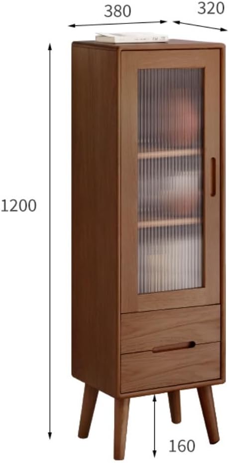 Solid Oak Wood Storage Cabinet, Small Cabinet with 3-Tier Cabinet with 2 Drawers, Pantry Cabinet for Living Room, Kitchen and Dining Room (Walnut, 14.96" W × 12.60" D × 47.24" H)