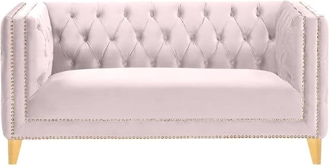 Meridian Furniture 652Pink-L Michelle Collection Modern | Contemporary Loveseat with Deep Button Tufting, Gold Nailhead Trim and Sturdy Gold Iron Legs, Pink Velvet, 66" W x 34" D x 30" H