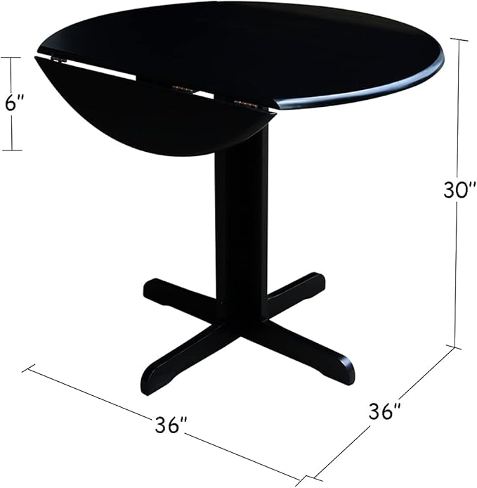 IC International Concepts, Dual Drop Leaf Table - 36", Solid Wood, Real Parawood, 36" W x 36" D x 30" H, Easy Assembly, Black