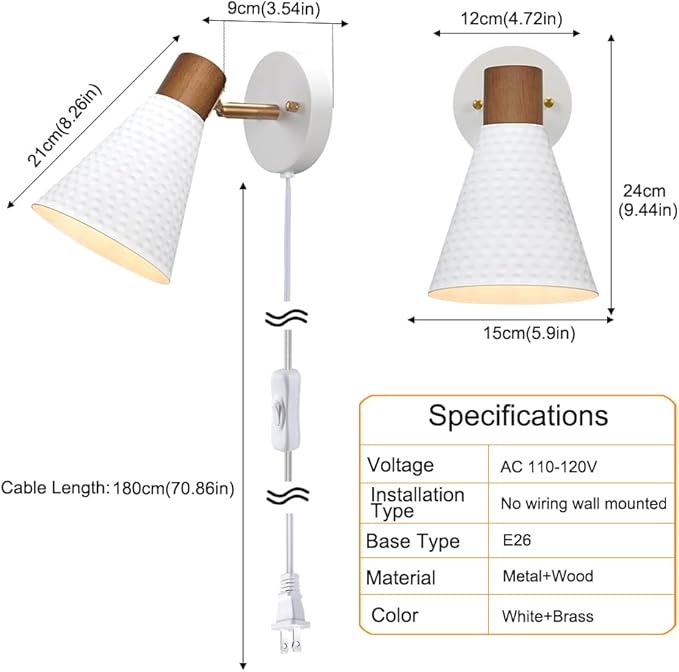 White Plug in Wall Sconces Set of 2, Modern Wall Light with Plug in Cord, Wooden Plug in Sconce with Hammered Metal Shade, Corded Wall Sconce Light Wall Lamp for Bedroom, Living Room, Hallway