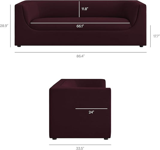 Modway Hilda 86 Inch Modern Curved Back Performance Velvet Sofa in Mulberry – Plush Upholstered 3-Seat Couch for Living Room, Apartment, Office
