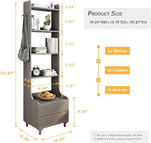 IOTXY Grey Bedside Table Bookshelf - 71" Tall Free Standing Wooden Open Shelf Bookcase with Drawers and 4-Shelves for Bedroom, Bed Side End Table, Nightstand