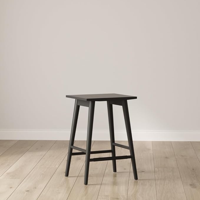 Nathan James Barker Counter Height Solid Wood Barstool with Upholstered Cushion, Backless Island Stool with Rubberwood Legs and Natural Textured Linen Upholstery for Kitchen, Black/White