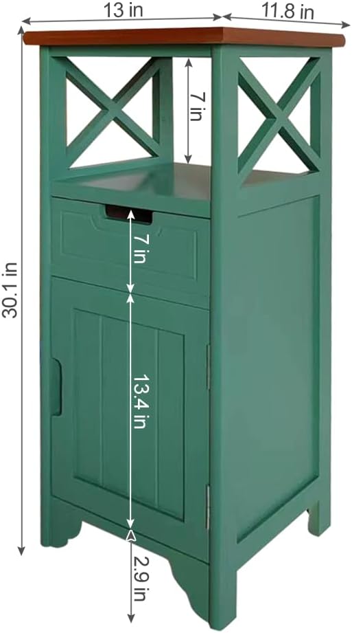 30 Inches Tall End Table, Fully Assembled Bathroom Floor Cabinet with Shelf and Storage, No Assembly Nightstand with Drawer for Bedroom-Brown&Green