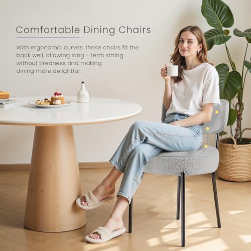 DUMOS Dining Chairs Set of 2, Mid Century Modern Chair Round Upholstered Curved Backrest, Kitchen Vanity Living Room Chairs with Black Metal Legs,Light Grey