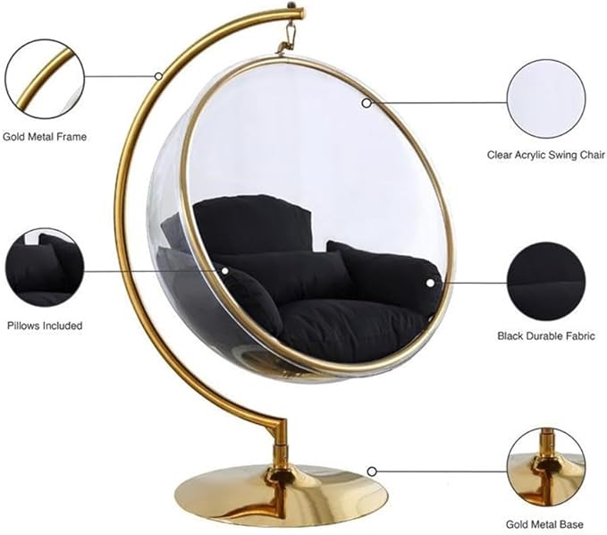 Meridian Furniture 508Black Luna Collection Modern | Contemporary Clear Acrylic Accent Swing Chair with Durable Metal Base and Fabric Seat, Black, Gold Finish, 41.5" W x 29.5" D x 64" H