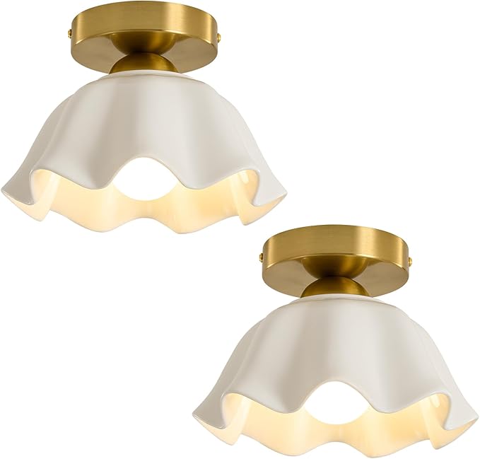 Glaze Ceramic Semi Flush Mount Ceiling Light - 2 Pack, Vintage Gold Hallway Light Fixtures, Flower White Globe Ceiling Lights, Mid Century Small Light Fixture for Cottage Entryway Laundry Room Foyer