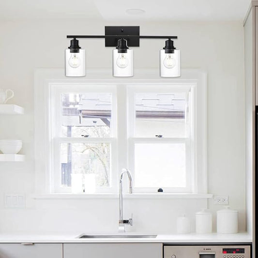 VINLUZ Matte Black Vanity Light for Bathroom 3 Light Farmhouse Indoor Bathroom Lighting Fixtures Over Mirror with Clear Glass Shade for Dressing Table