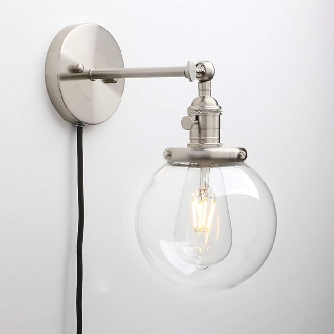 Permo 1-Light Plug in On/Off Switch Wall Sconce with Mini 5.9" Round Globe Clear Glass Shade Vintage Industrial Wall lamp Light Fixture (Brushed)
