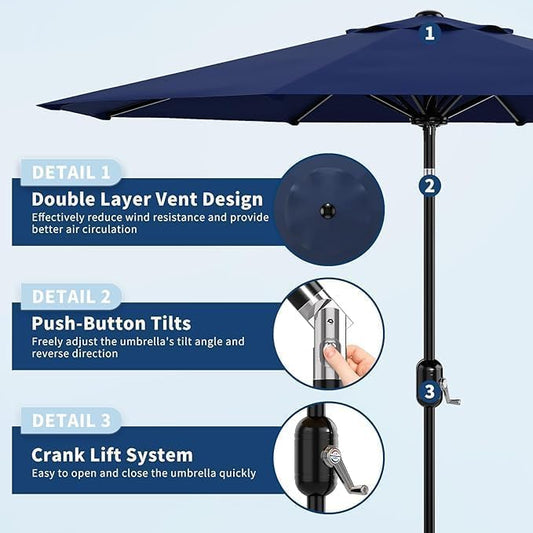 Garvee 10FT Patio Umbrella - Outdoor Table Umbrella with Crank Lift & Push Button Tilt - Market Umbrella 8 Sturdy Ribs UV Protection for Pool, Deck, Yard, Garden - Navy Blue
