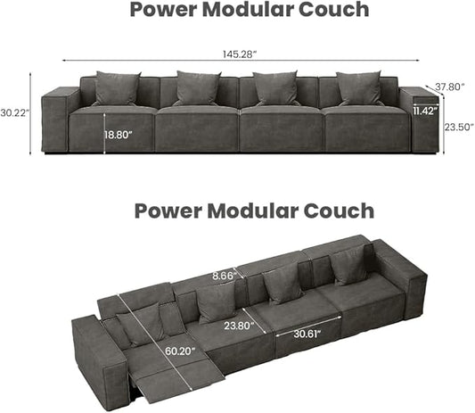 145'' Power Sofa for Living Room, Electric Recliner Sofa, Sofa with Pillows, Sectional Sofas with Recliners, Pet Friendly, Free Combination for Home, Dark Grey
