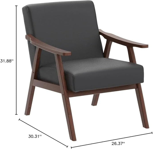 Accent Chair with Microfiber Upholstery and Solid Wood Frame, Classic Mid-Century Modern Living Room Furniture for Extra Seating, Black PU/PVC