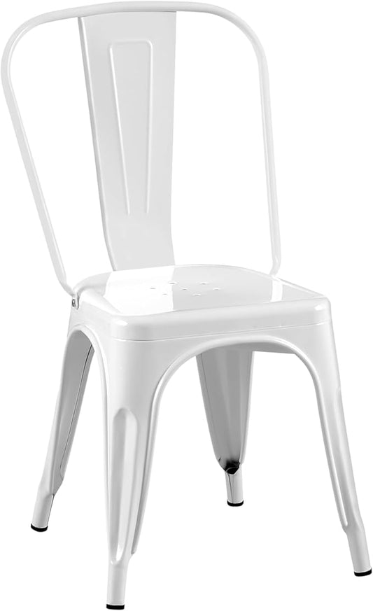 AC Pacific Stackable Metal Dining Chairs Set of 4 for Indoor and Outdoor Use, Durable Stacking Seat, Farmhouse Kitchen, Bar, Patio, Bistro, Cafe, Industrial Style, High Gloss White