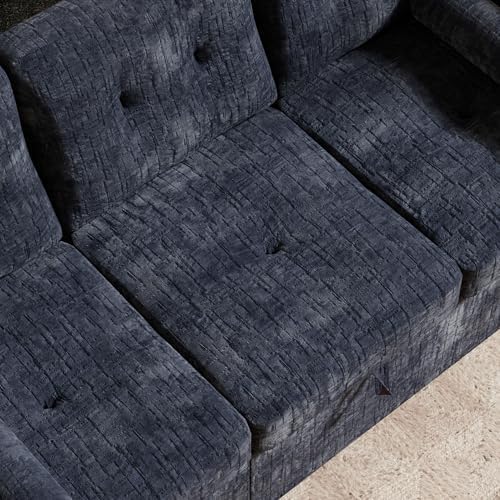 Convertible Sleeper Sofa Bed, 63 Inch Chenille Pull Out Couch with Side Table & Adjustable Backrest, Sectional Sleeper Sofa with Pull Out Bed for Living Room, Apartment, Blue