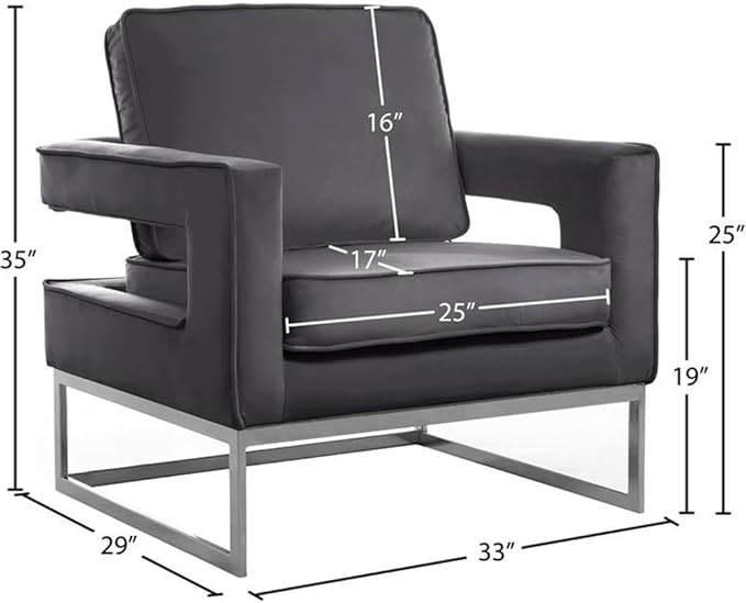 Meridian Furniture Noah Collection Modern | Contemporary Velvet Upholstered Accent Chair with Durable Stainless Steel Base, Grey, Chrome Base