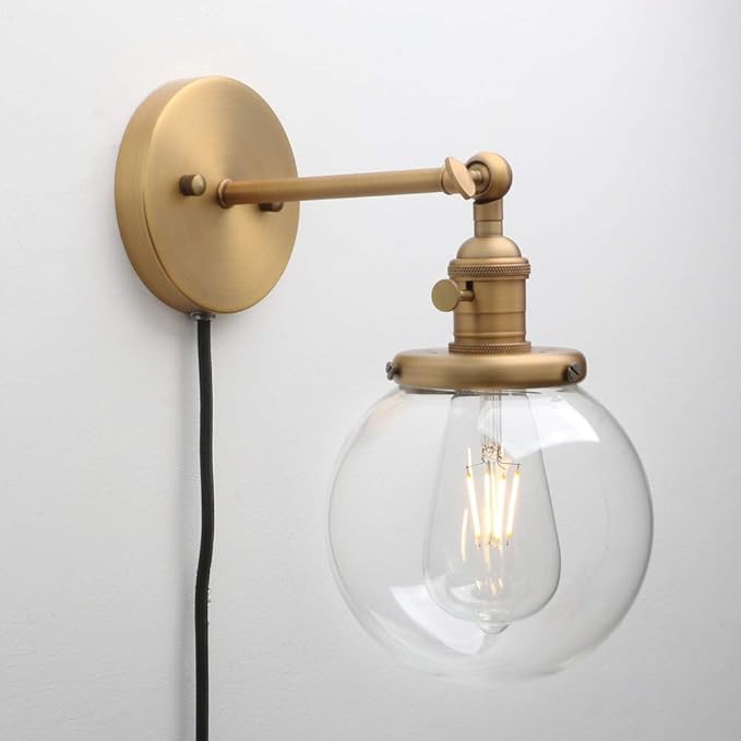 PERMO Plug in Sconce On/Off Switch Wall Sconce with 5.9" Round Globe Clear Glass Shade Vintage Industrial 1-Light Wall lamp Light Fixture (Antique Gold)