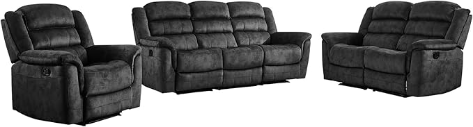 EBELLO 3 Pieces Reclining Living Room Set, Overstuffed Soft Fabric Manual Recliner, Loveseat Recliner and Bonded 3 Seat Reclining Couch Set for Living Room, Grey