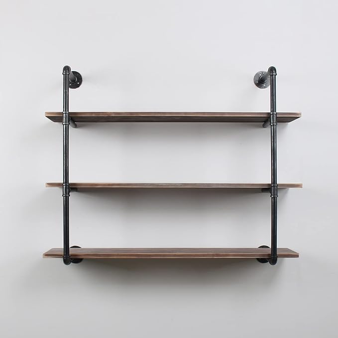 MBQQ Industrial Pipe Shelving Wall Mounted,44in Rustic Metal Floating Shelves,Steampunk Real Wood Book Shelves,Wall Shelf Unit Bookshelf Hanging Wall Shelves,Farmhouse Kitchen Bar Shelving(3 Tier)