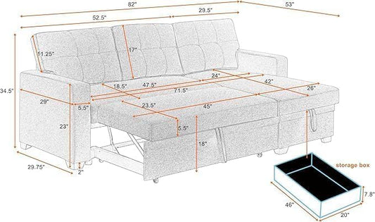 ERYE 82-Inch L-Shaped Pull Out Sleeper Couch Bed, Modern Reversible Sleeper Sectional Sofa Linen Blend Tufted Upholstered Corner Convertible Sofa Bed with Storage Chaise