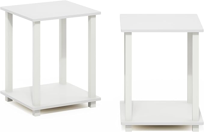 Furinno Simplistic Side Table Set of 2, 2-Tier Square Modern End Table, Nightstand, Night Stand, Bedside Table, Toolless Assembly, for Living Room, Bedroom, White