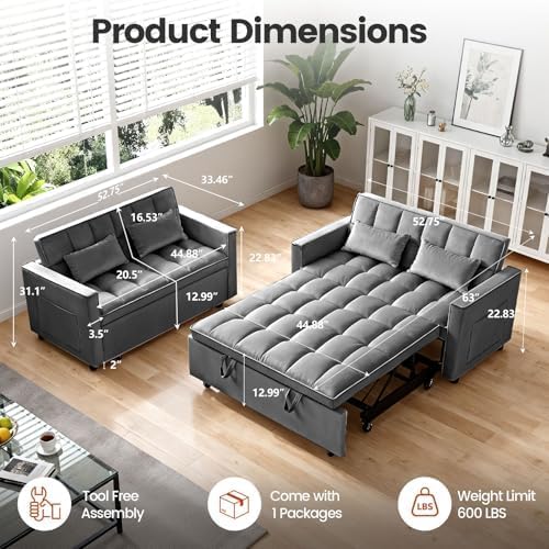54" Convertible Sofa Bed with Adjustable Backrest, Dark Gray