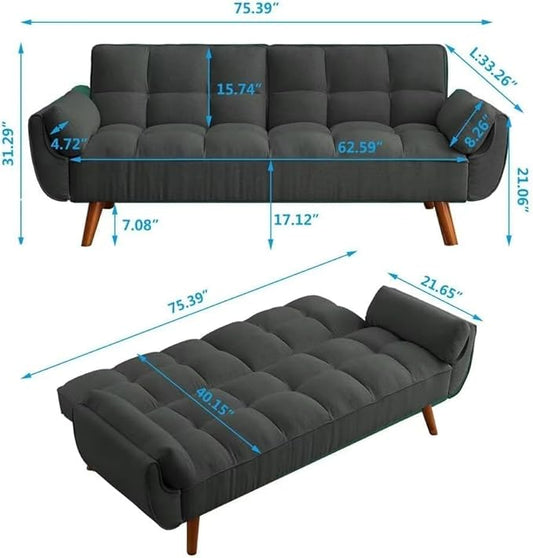 Convertible Futon Sofa Bed, Modern Futon Couch with 2 Pillows, Small Futons Couch with Adjustable Armrest & Backrest, Loveseat Sofa Bed for Living Room, Bedroom, Black
