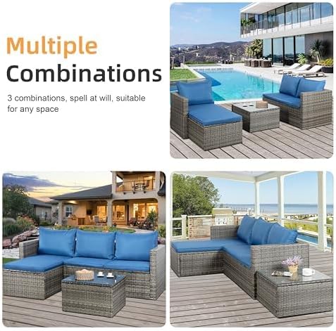 Shintenchi 4 Pieces Patio Furniture Sets, Outdoor Sofa Patio Sectional Sets All Weather, Wicker Rattan Seating Sofa Couch withwith Cushions & Coffee Table for Yard, Garden, Porch, Poolside (Blue)