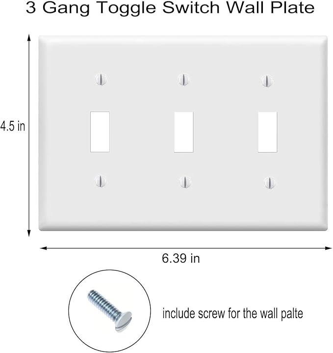 Toggle Light Switch Wall Plates 3-Gang Switch Electrical Cover Plate Unbreakable Thermoplastic Faceplate, White (2 Pack)