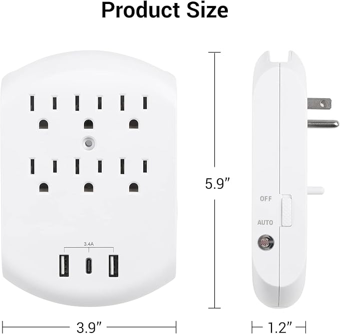 Clear Power 2-Pack USB Wall Charger, 6-Outlet Extender Wall-Tap with 2 USB Charging Ports(1 USB-C) & Nightlight, Multi-Plug Outlets, 3-Prong, White, DC3S-10052P-DC