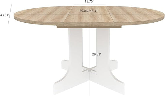 Ball & Cast Extendable Round Dining Table for 4-6,43.3-59" Transformer Kitchen Table W/Removable Leaf Trestle & X-Shaped Base,Farmhouse Oval Extendable Dining Room Table for Small Space,White Oak
