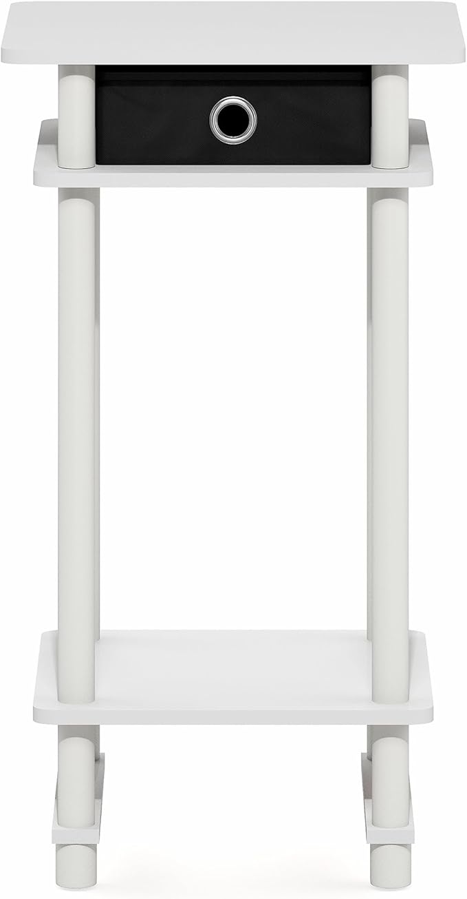Furinno Turn-N-Tube Side Table, 3-Tier Tall Narrow Modern End Table with Storage Bin, Open Shelf Night Stand, Bedside Table, Toolless Assembly, for Living Room, Bedroom, White