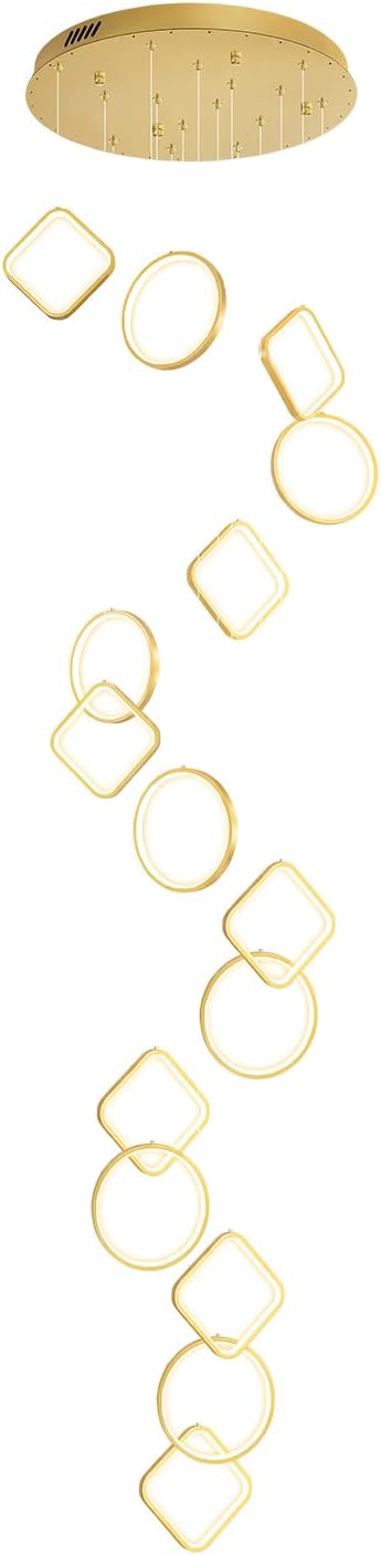 22" Dia x 138" H Modern 15-Light LED Spiral Chandelier, Acrylic Pendant Lighting Fixture for High Ceilings, Staircase, Foyer, Living Room, Warm Light, Adjustable Height, Gold Finish