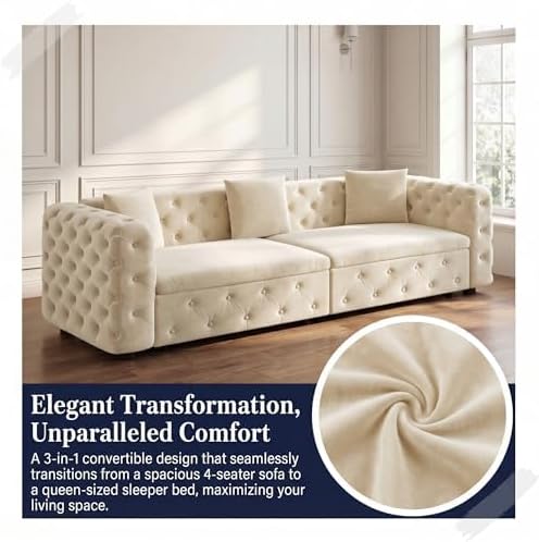 89" 4-Seater Queen Size Pull Out Sofa Bed with 3 Pillows, Beige