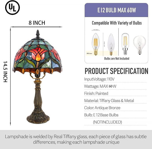 Small Tiffany Lamp Mini Accent Table Lamp Stained Glass Desk Memory Lamp Sympathy 8X14.5 Inch (Tulip Style)