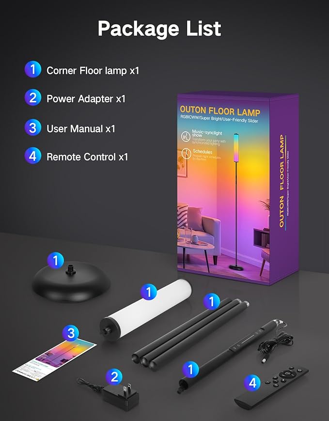 OUTON Bright LED Floor Lamp with Remote, Touch & APP Control, 1500LM 65" Tall Smart Standing Lamp, Color Changing Ambient Lighting, Music Sync, Modern Corner Lamps for Living Room, Bedroom, Black