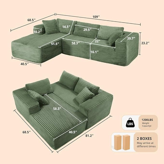 COMHOMA 105”Modular Sectional Sofa with Deep Seat,Cloud Upholstered L-Shape Couch Wide Arms Corduroy Fabric High-Density Foam Chaise Lounge for Living Room No Assembly Required