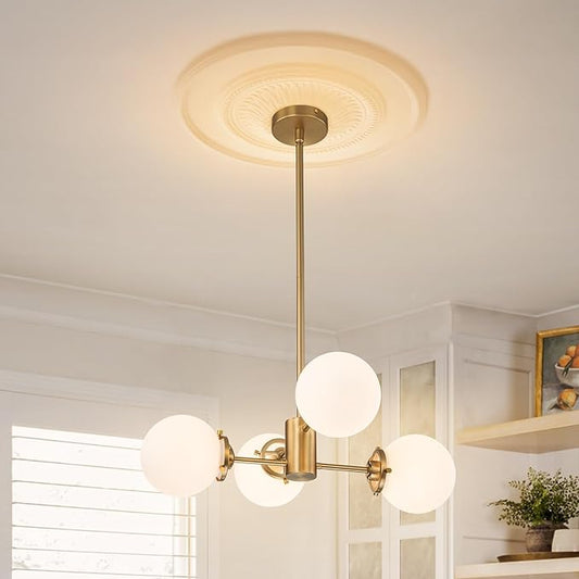 Gold Sputnik Chandelier with Milk Glass Globes, 23.6" 4-Light Mid-Century Pendant Light for Dining Room, Living Room,Foyer, Entryway