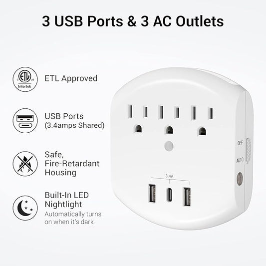 Clear Power 2-Pack USB Wall Charger, 3-Outlet Extender Wall-Tap with 3 USB Charging Ports(1 USB-C) & Nightlight, 3-Prong, White, ETL Listed, DC3S-10032P-DC