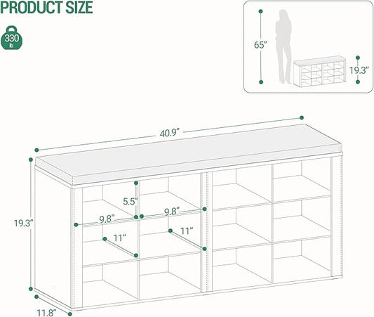 Shoe Bench with Cushion, Entryway Storage Bench with 12 Cubbies, Cubby Shoe Rack with Adjustable Shelves, Shoe Organizer Cabinet for Living Room, Bedroom, Entryway, Black SB19004GY