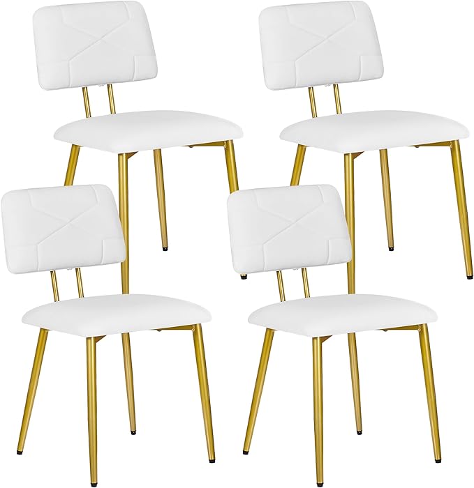 VECELO Dining Chairs Set of 4, Modern Upholstered Kitchen Chairs with Faux Leather Cushion Seat & Metal Legs for Kitchen, Living Room, Tufted Backrest Design, White