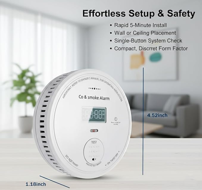 Smart WiFi Smoke & CO Detector with Mobile Alerts, 10-Year Built-in Battery, LED Indicator, 85dB Alarm for House
