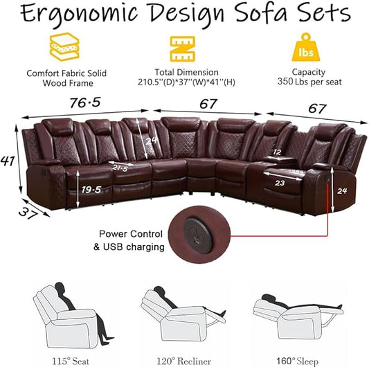 Power Reclining Sectional Sofa with LED, Leather Recliner Couch for Living Room/Home Theater, Sectional Reclining Couches with Wireless Charging/Hide-Away Storage