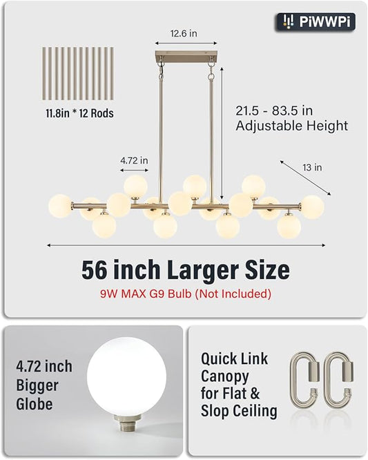 55" Long Chandeliers for Dining Room Kitchen Island, Large Globe Sputnik Linear Chandelier, 16 Lights Mid Century Modern Light Fixture Over Table,Nickel and Milk White Bubble, GC-08