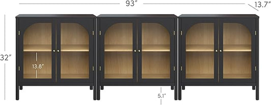 Nathan James Mason Storage Cabinet Accent Sideboard Buffet Credenza TV Stand with Glass Doors and Adjustable Shelf in Black Wood for Dining Room, Entryway and Living Room, Clear Glass/Black, Set of 3